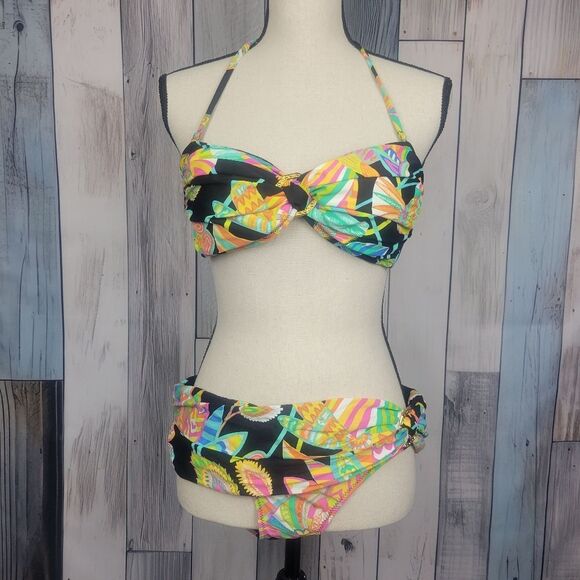 Trina Turk Tahitian Floral Twist Halter Bikini Top And Bottoms Set Black Size 10 - Picture 1 of 12